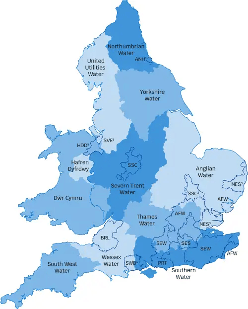 map showing different water boards locations across england and wales