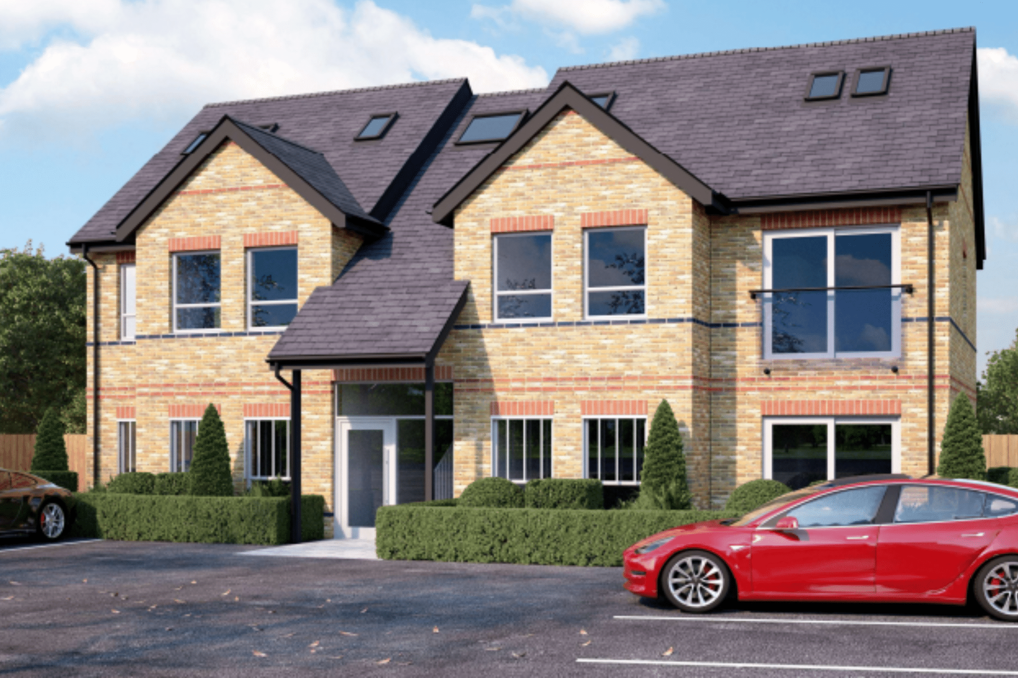 Luxury new-build apartment development featuring a contemporary residential building with seven high‑specification flats in a Surrey town‑centre setting.